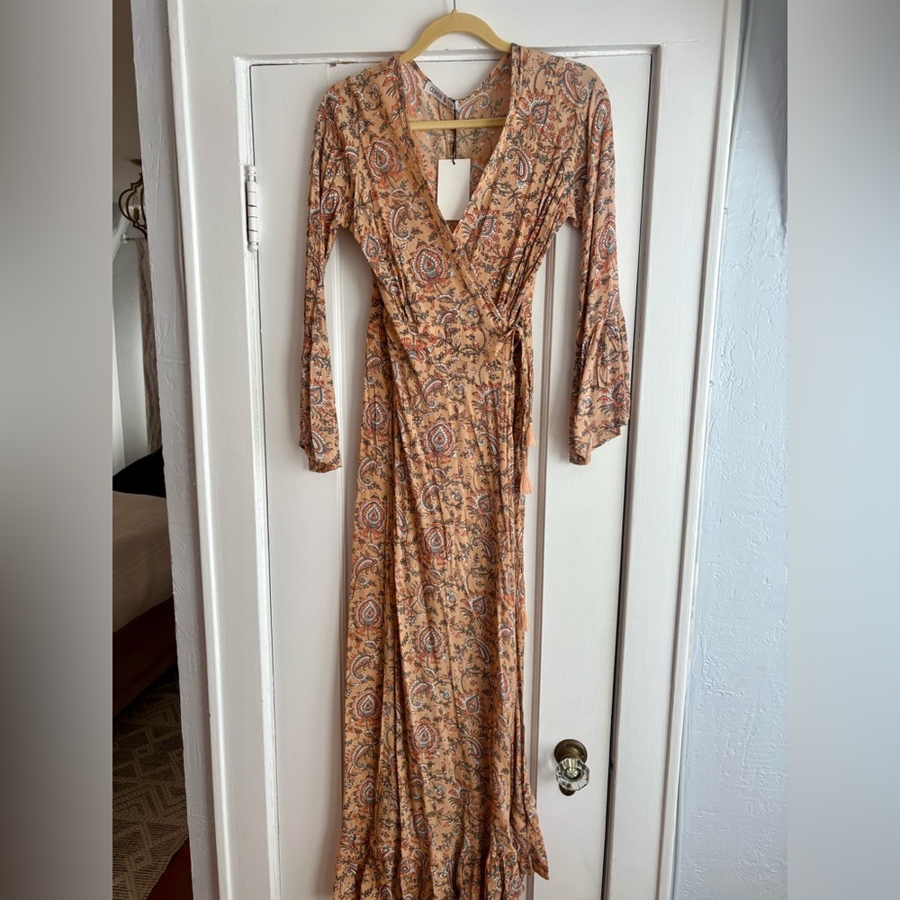 Brown and Cream Long Sleeve Wrap Dress with Bell Sleeves